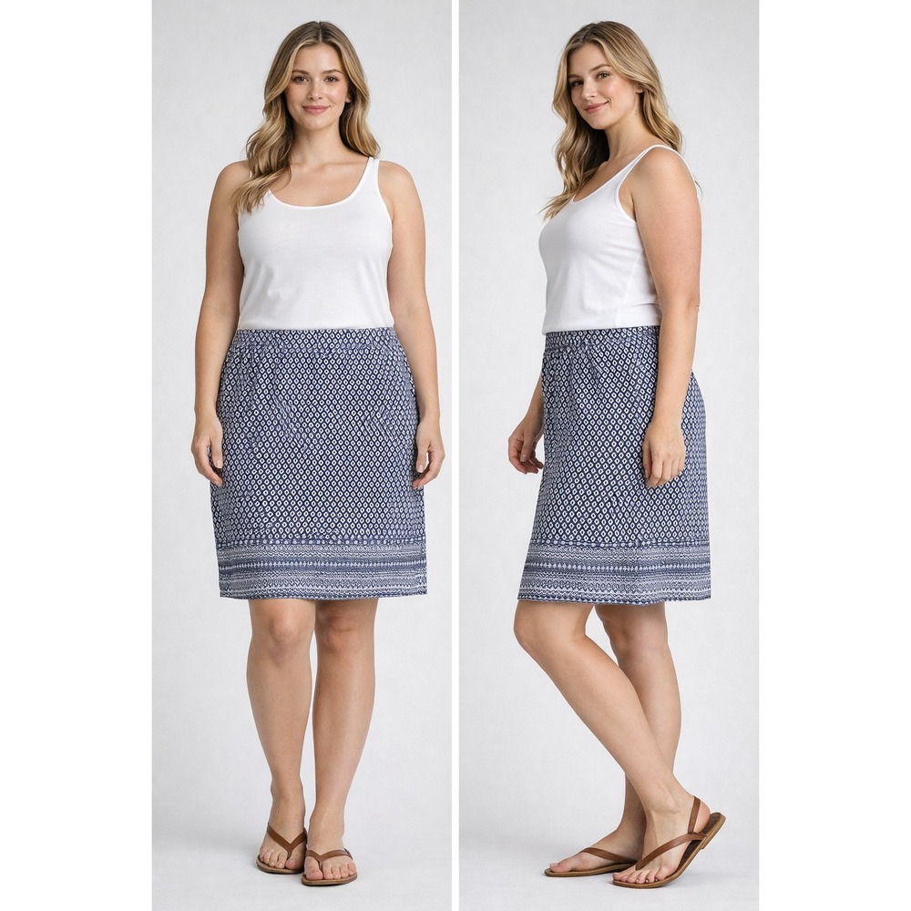 Roz & Ali Womens Skirt Large Blue White Boho Printed Stretch Casual Chic Midi